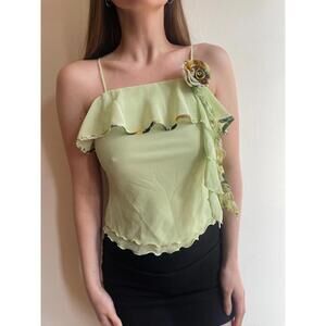 Light Green Y2k Lettuce Trim Ruffle Flower Cami Top